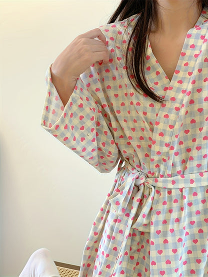 Elegant Heart Plaid Pattern Lounge Robe For Fall & Winter, Long Sleeve V Neck Robe With Belt, Women's Loungewear & Dresses