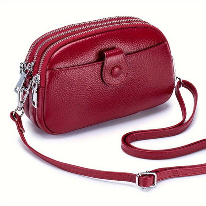 Small Genuine Leather Crossbody Bag for Women - Triple Top Zipper, Adjustable Strap, Polyester Lining, Solid Color, Edge Painted, Stylish and Practical Accessory