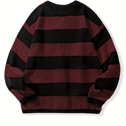 Retro Chic Knitted Sweater for Men - Soft, Warm, Slightly Stretchy Crew Neck Pullover with Preppy Striped Pattern for Fall and Winter - K-Pop Inspired, Casual, Comfortable, and Versatile