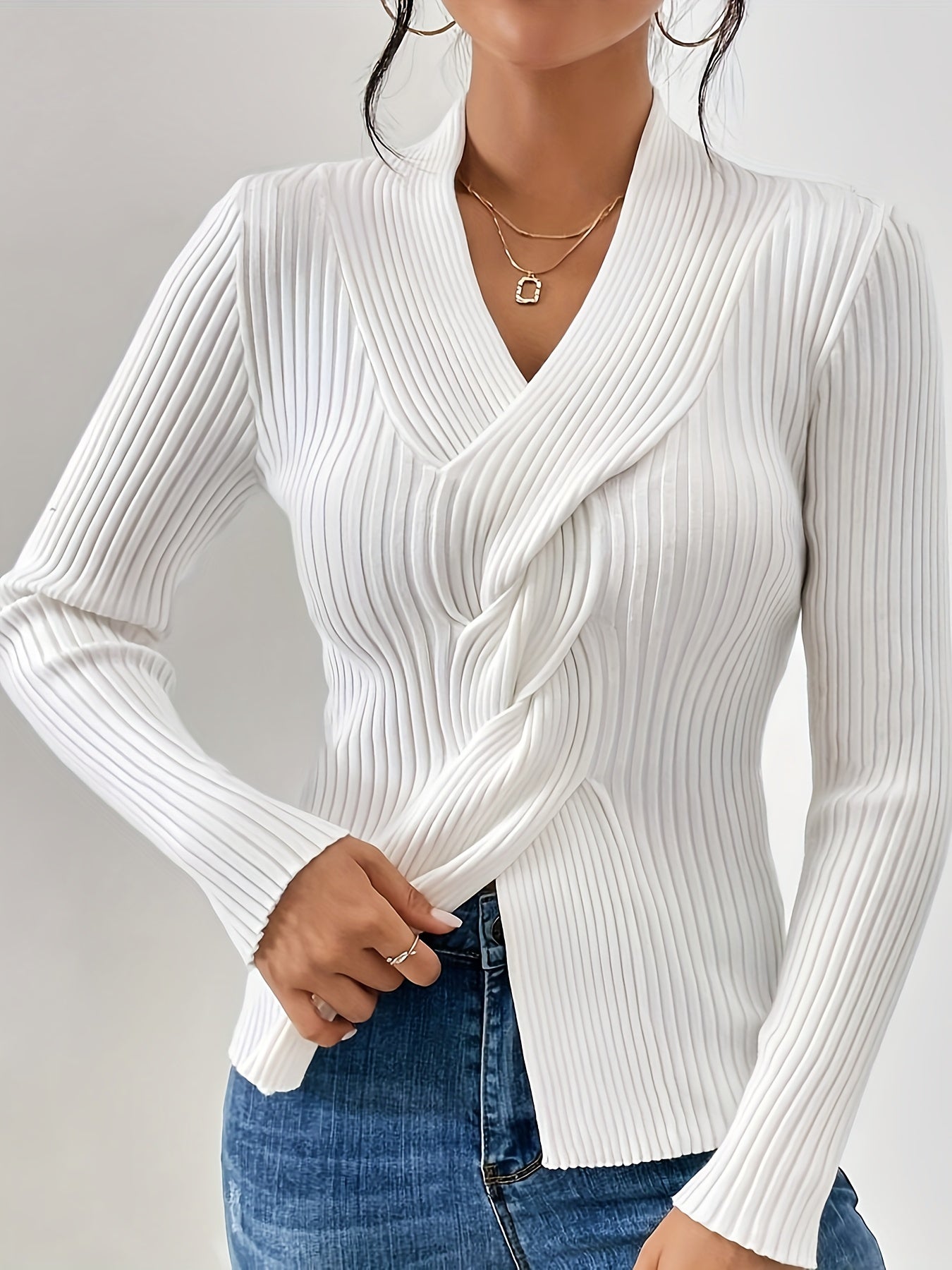 Twist V Neck Ribbed Sweater - Soft, Elegant, Slim Fit, Long Sleeve, Fall and Winter Essential - Women's Clothing for Everyday Wear