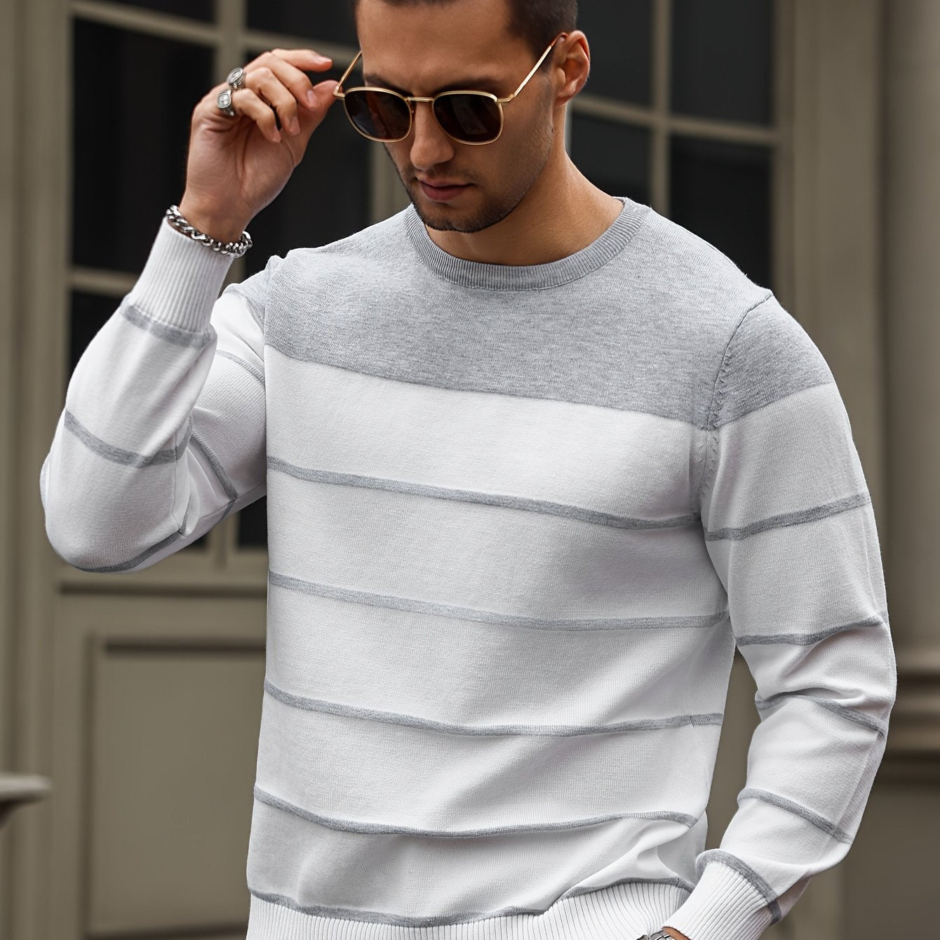 All Match Knitted Striped Sweater, Men's Casual Warm High Stretch Crew Neck Pullover Sweater For Men Fall Winter