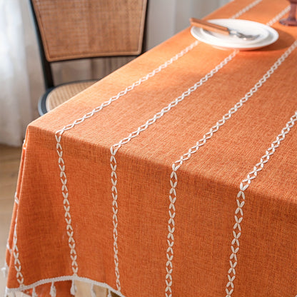 1pc Vibrant Orange Embroidered Stripe Rectangular Tablecloth - Cotton Blend Kitchen & Dining Table Linens with Pastoral Design for Room Decor and Dining Table Decoration