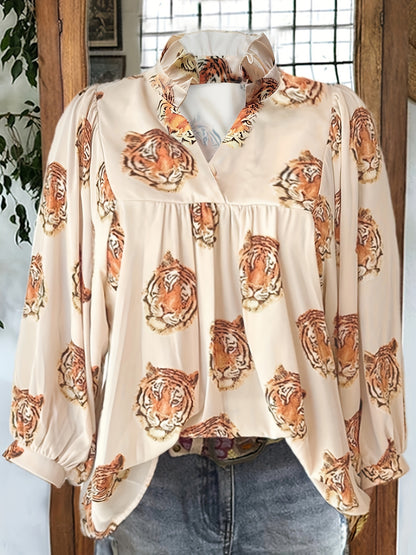 Trendy Tiger Print Blouse - Chic Notched Neck with Flirty Ruffle Trim - Long Sleeve Casual Wear for Spring & Fall - Womens Fashion Essential