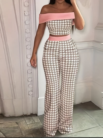 Chic & Elegant Off-Shoulder Crop Top and High-Waist Wide-Leg Pants Set for Women - Casual, All-Season, Easy-Care Comfort with Pockets