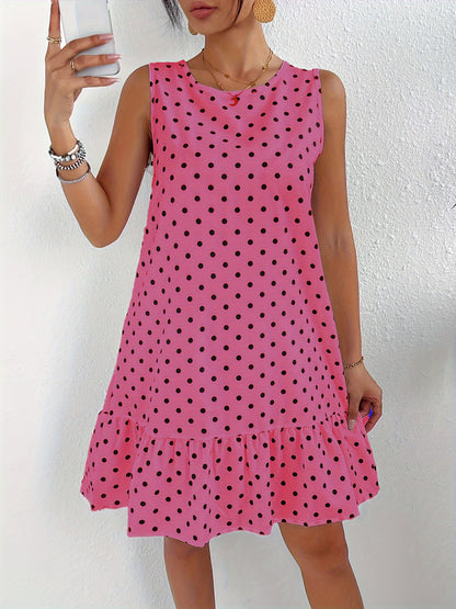 Vibrant Polka Dot Print Crew Neck Tank Dress - Elegant Sleeveless Ruffle Hem Dress for Spring & Summer, Semi-Sheer Woven Acetate Fabric, Customized Style, Womens Clothing for Adult