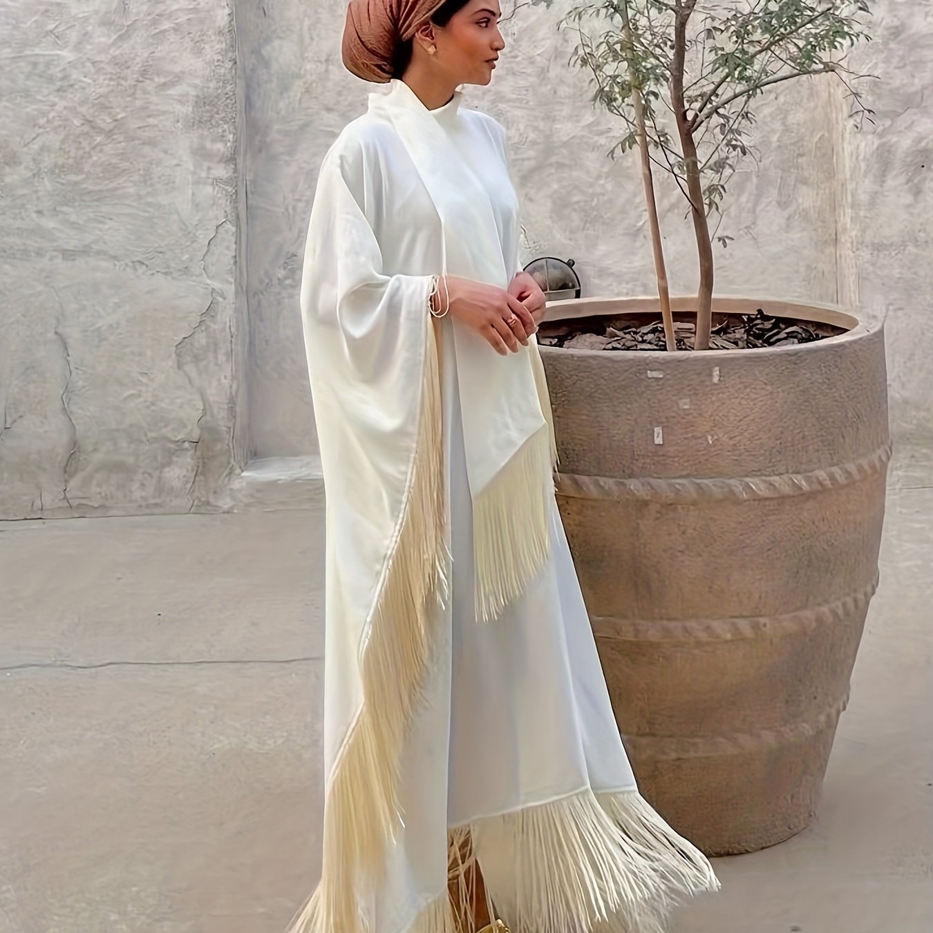 Tassel Hem Long Sleeve Abayas Dress, Elegant Maxi Length Dress, Women's Clothing