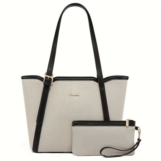 2pcs Fashion Canvas Tote Bag With Coin Purse For Women, Zipper Closure Bag For Daily Commute