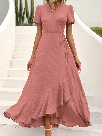 Vibrant Swiss Dot Maxi Dress - Elegant Surplice Neck, Short Sleeves, Split Thigh, Beachy Chic, Perfect for Spring & Summer, Women's Clothing, Comfortable and Flowy, Ideal for Outdoor Activities