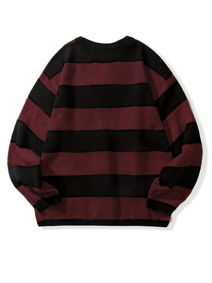 Retro Chic Knitted Sweater for Men - Soft, Warm, Slightly Stretchy Crew Neck Pullover with Preppy Striped Pattern for Fall and Winter - K-Pop Inspired, Casual, Comfortable, and Versatile