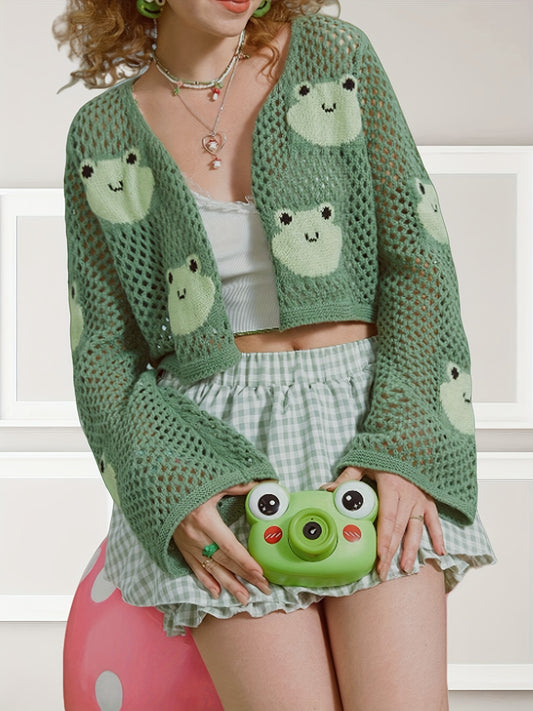 Cute Frog Pattern Open Front Cardigan, Casual Hollow Out Long Sleeve Crop Cardigan, Women's Clothing