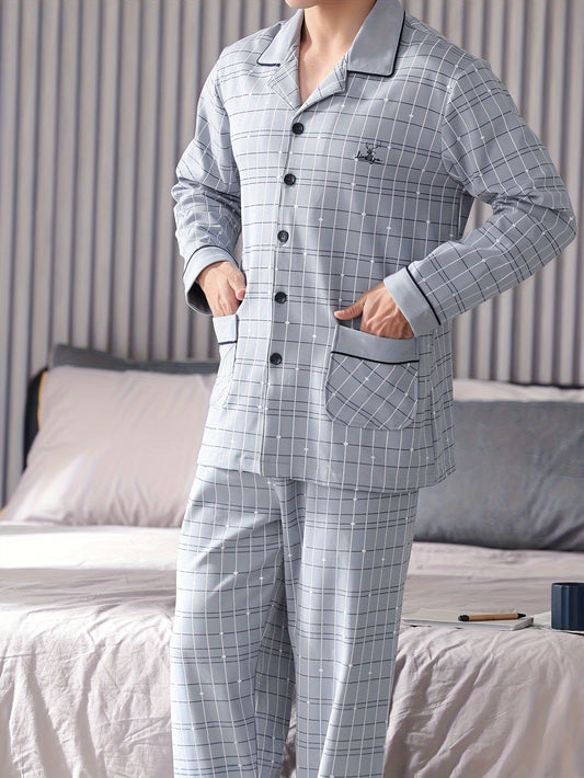 100.00% Cotton 2 Pcs Men's Simple Plaid Lapel Long Sleeve & Trousers Pajama Set, Comfortable & Skin-friendly Style Pajamas For Men's Cozy Loungewear