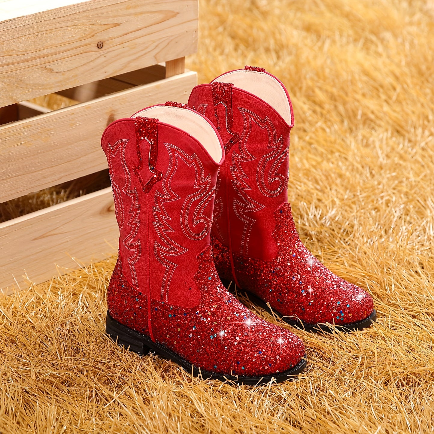 Girls Trendy Cool Cowgirl Boots, Cute Shiny Sequin Dress Boots For Party Holiday Performance