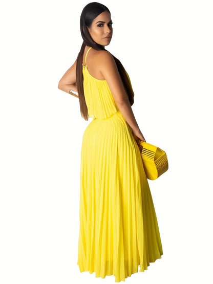 Solid Pleated Two-piece Set, Sleeveless Cropped Cami Top & High Waist Maxi Skirts Outfits, Women's Clothing