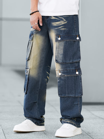 Stylish Loose Fit Wide Leg Jeans - Men's Comfy Denim Cargo Pants with Multiple Pockets for Street Style Fashion - Comfortable, Relaxed, and Fashionable Pants for Everyday Wear