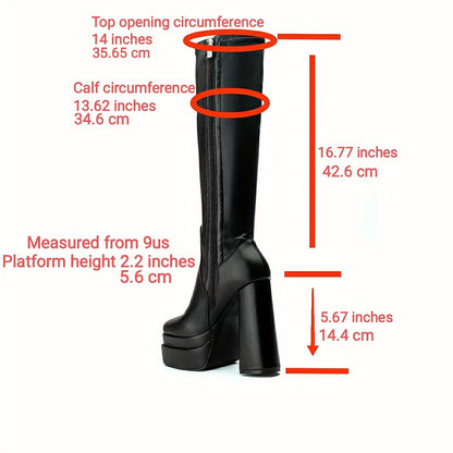 Women's Platform Knee High Boots, Solid Color Block Heel Square Toe Side Zipper Boots, Fashion Black Faux   Stylish Boots