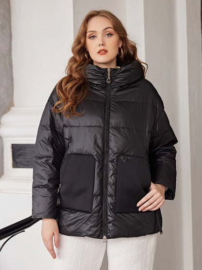 Plus Size Casual Coat, Women's Plus Solid Stitching Quilted Long Sleeve Zip Up Hooded Puffer Coat With Pockets