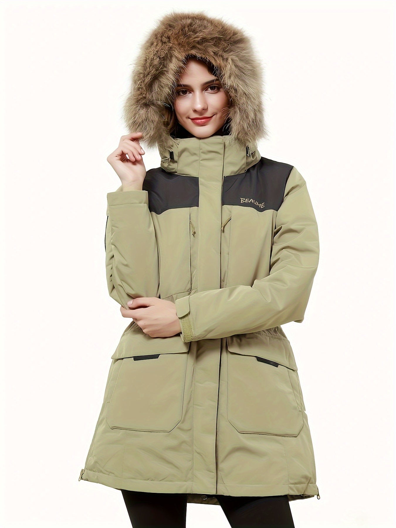 Women's Contrast Color Winter Down Jacket With Flap Pocket - Thickened & Warm Sports Puff Coat