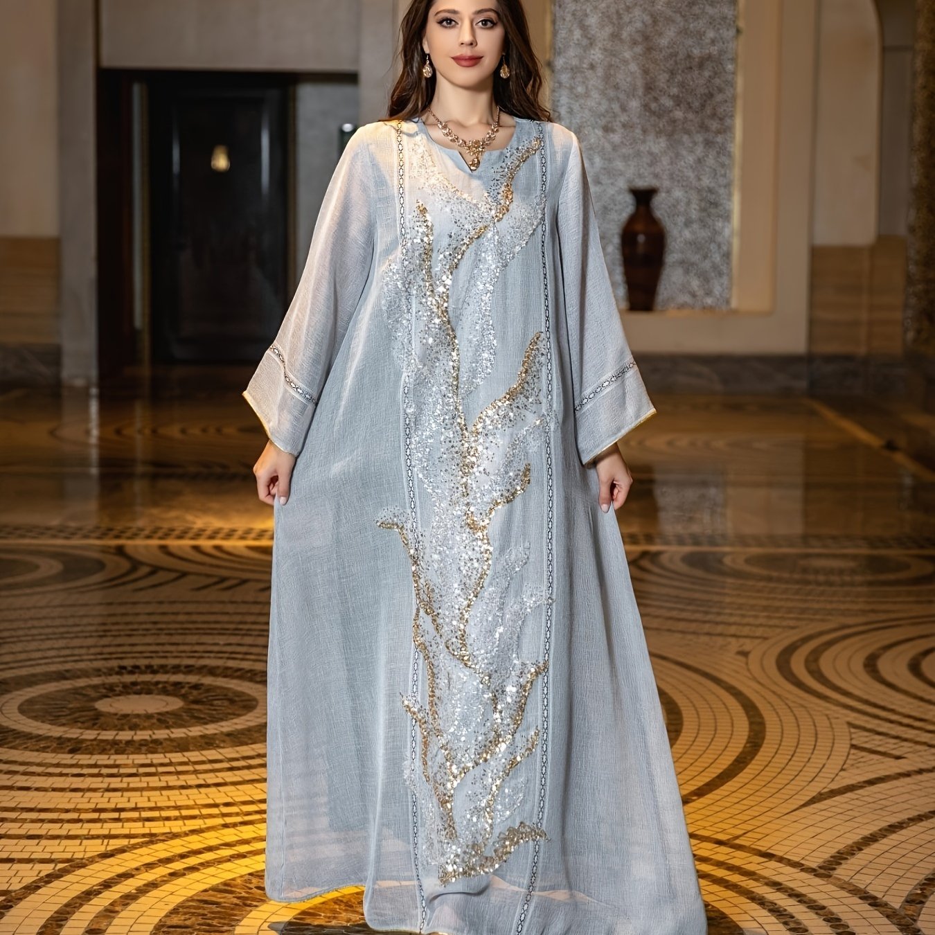 Sequined Mesh Kaftan Dress - Stunning Contrast Fabric, Elegant Long Sleeve Notched Neck Maxi Loose Fit, Perfect for Special Occasions, Womens Clothing