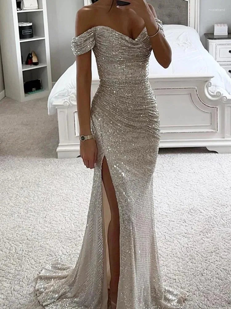 Casual Dresses Evening Women Party Sequin Long Dress Ladies Prom Fashion Off Shoulder Female Elegant Sexy Slash Neck Vestidos