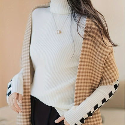 Trendy Plaid Turtle Neck Pullover Sweater - Cozy Long Sleeve Slim Fit - Versatile Womens Winter Fashion