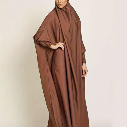 Muslim Long Batwing Sleeve Dress, Modest Solid Color Maxi Length Loose Hijab Kaftan Dress, Women's Clothing