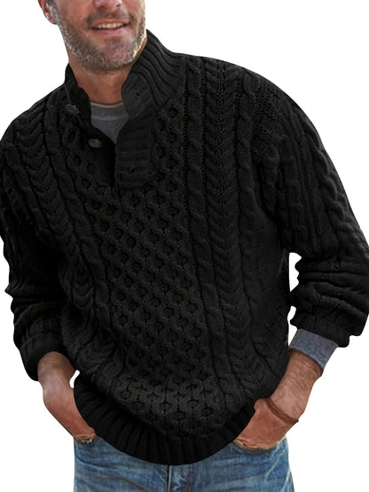 Mens Stand Collar Pullover Sweater Cable Knitted Chunky Winter Fashion Buttons Twisted Thermal Sweaters