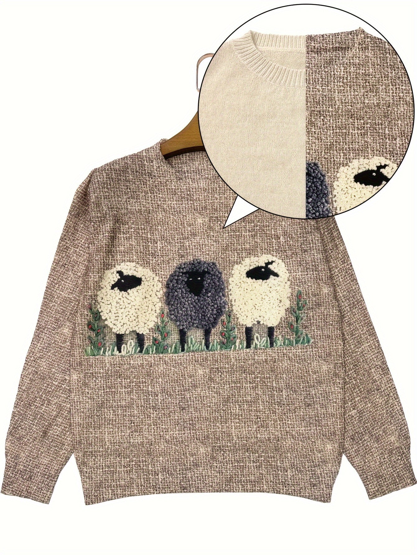 Cozy Long Sleeve Sheep Pattern Drop Shoulder Sweater - Soft Micro Elasticity Fabric, Crew Neck, Regular Fit, All Over Print Design - Perfect for Fall & Winter, Womens Casual Clothing