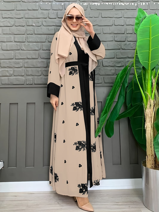 Ramadan Floral Charm - Crew Neck Long Sleeve Kaftan Abaya Dress with Belted Waist - A Stylish Casual Choice for Women, Hijab-Free