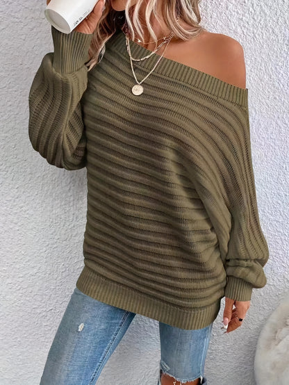 Slant Shoulder Solid Color Sweater, Elegant Lantern Sleeve Loose Knitted Top For Spring & Fall, Women's Clothing