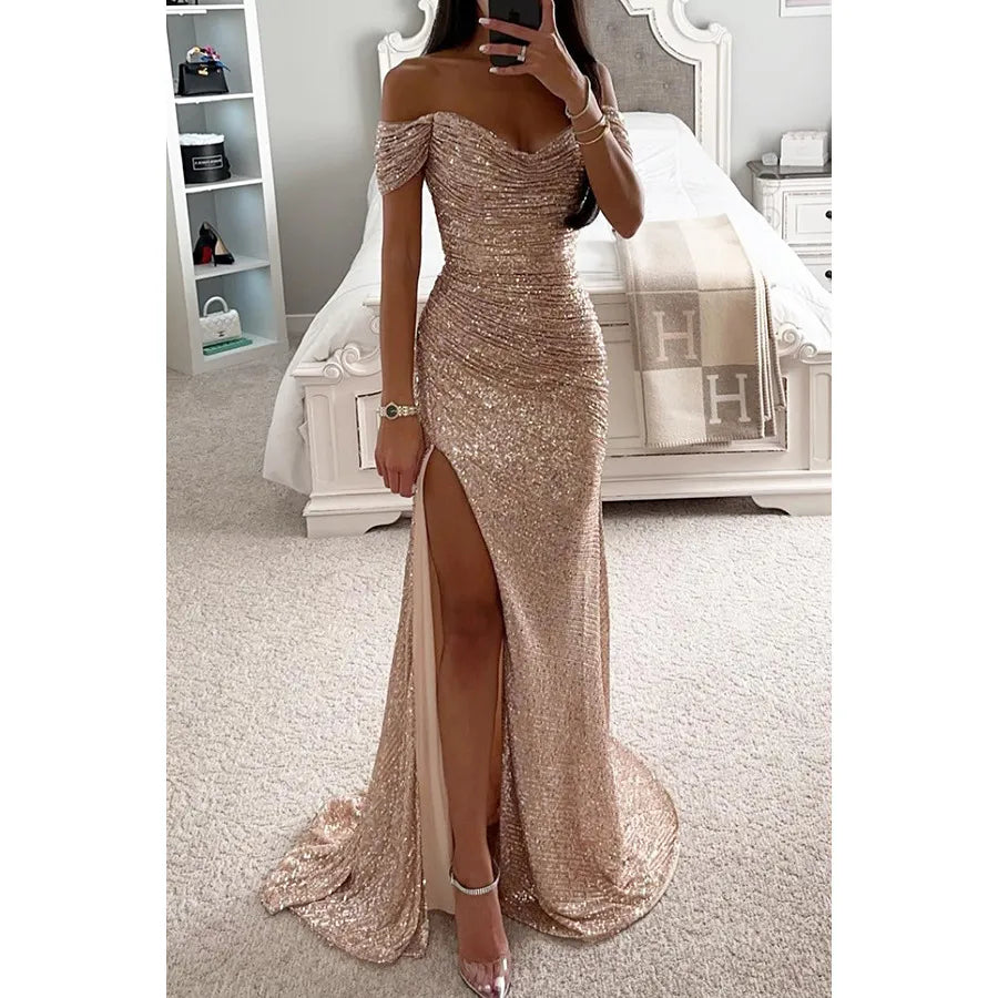 Casual Dresses Women's Sexy Strapless Sequins Evening Prom Dress Chic Off Shoulder High Slits Sparkling Party Maxi Female Bridemaid Birthday Dress