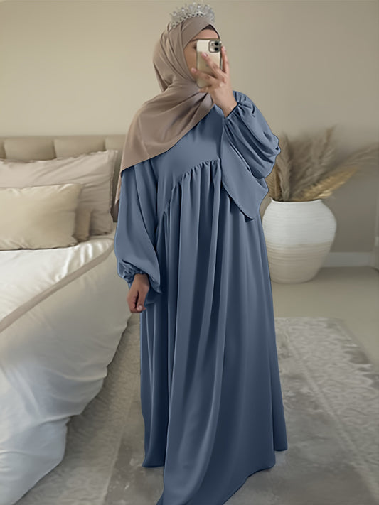 Stunning Ruffle Hem Maxi Dress - Elegant Lantern Sleeves, Modest Loose Fit, Solid Color, Women's Clothing for Everyday Elegance