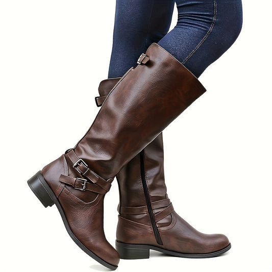 Stylish Women's Knee High Boots - Cross Buckle Strap, Round Toe, Long, Solid Color, Zipper Closure, Comfortable, Versatile, Perfect for Daily Wear and Outings