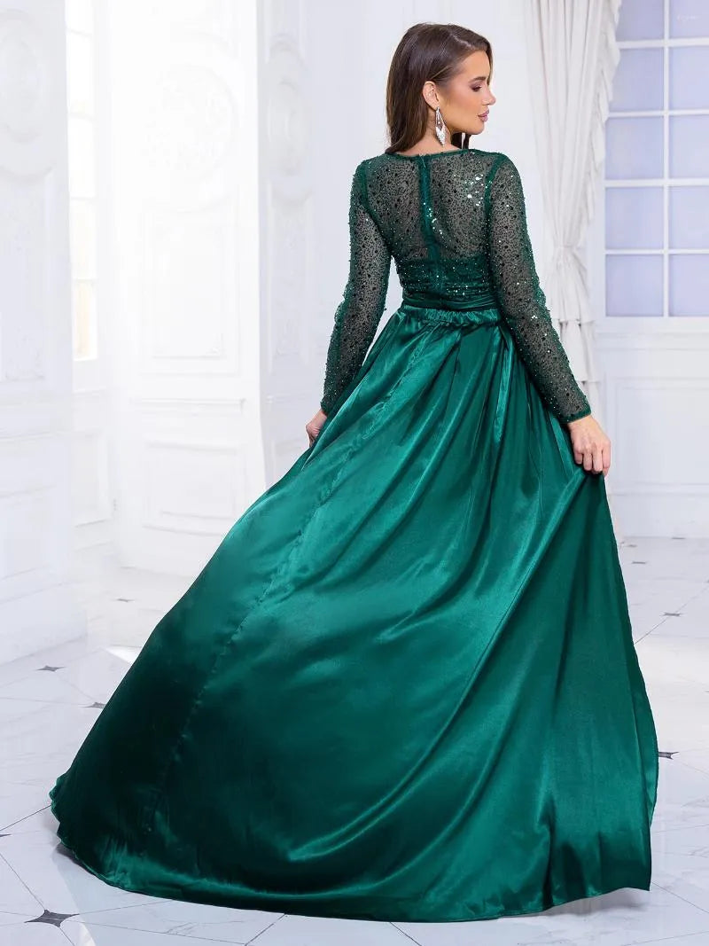 Casual Dresses Beading Sequin Floor Length Evening Party Dress Night Prom Gown Full Sleeved Padded O Neck Detachable Satin Skirt Green Gold