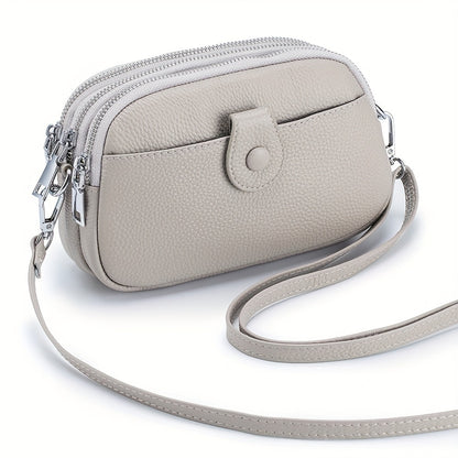 Small Genuine Leather Crossbody Bag for Women - Triple Top Zipper, Adjustable Strap, Polyester Lining, Solid Color, Edge Painted, Stylish and Practical Accessory