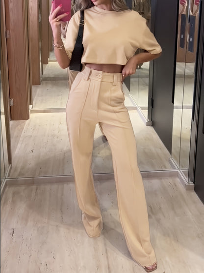 Two-Piece Solid Color Jacket and High Waist Straight Pants Set - Classic Combination for Chic and Comfortable Everyday Wear