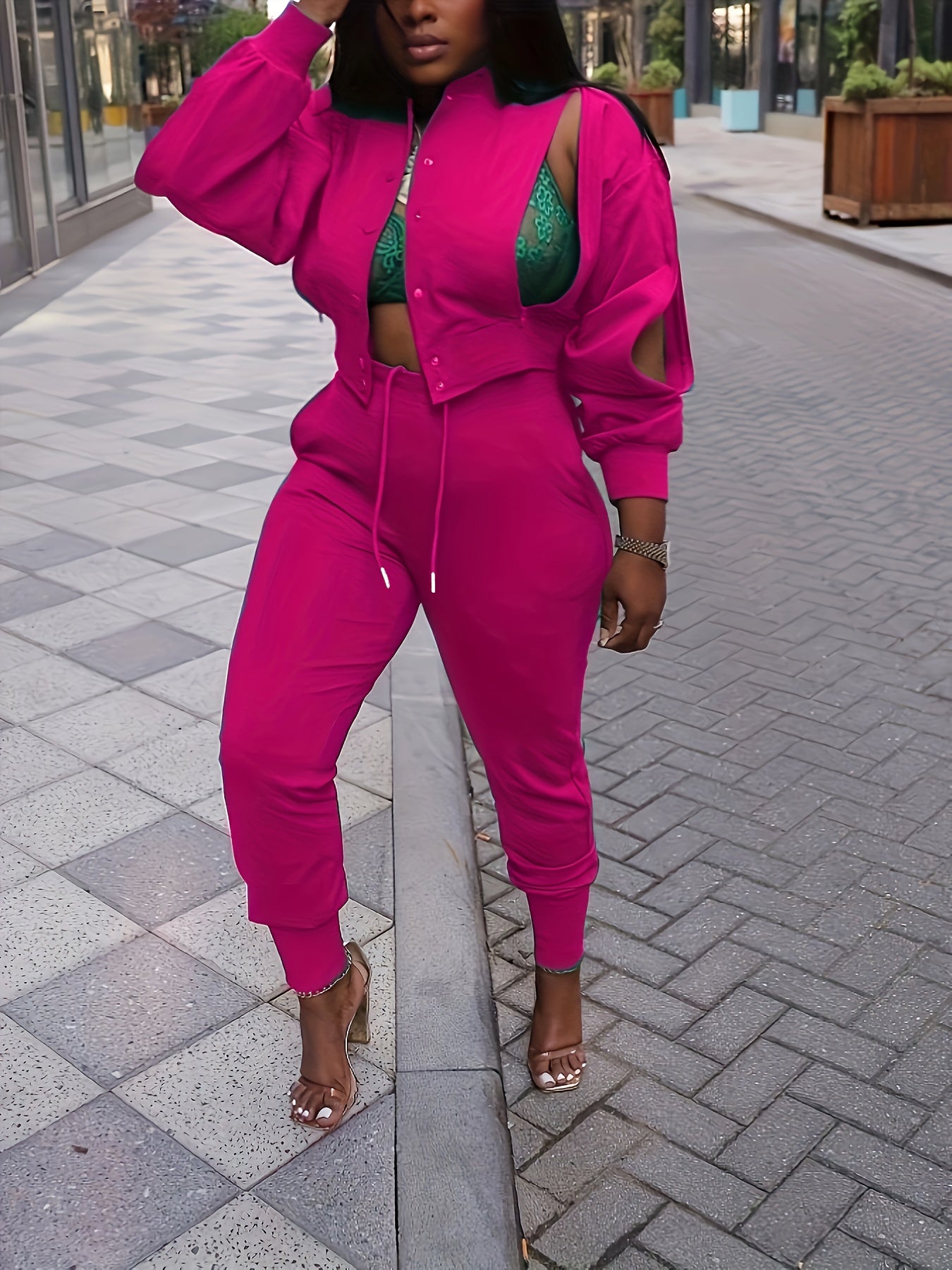 Trendy Two-Piece Pantsuit Set - Stylish Solid Button Front Cut Out Long Sleeve Jacket & Drawstring Pants Outfits for Women, Fashionable Clothing with Chic Design and Comfortable Wear