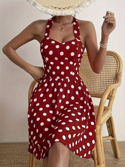 Vibrant Polka Dot Halter Neck A-line Dress - Backless, Elegant, Spring & Summer Essential - Women's Clothing for Chic Ladies