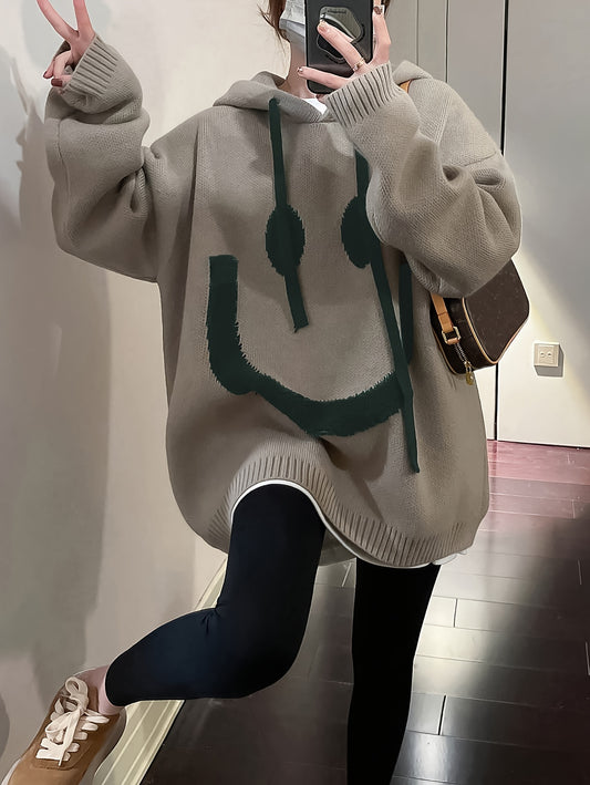 Smile Face Oversized Hoodie - Casual Long Sleeve Drawstring Sweater with Relaxed Fit, Soft Fabric, and Cozy Design for Women's Everyday Wear