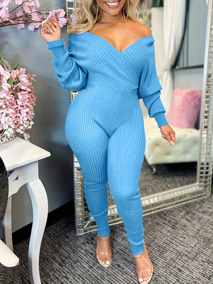 Women's Ribbed Knit Jumpsuit - Sexy Surplice Neck, Long Sleeves, Comfort Fit for Spring/Fall Elegance