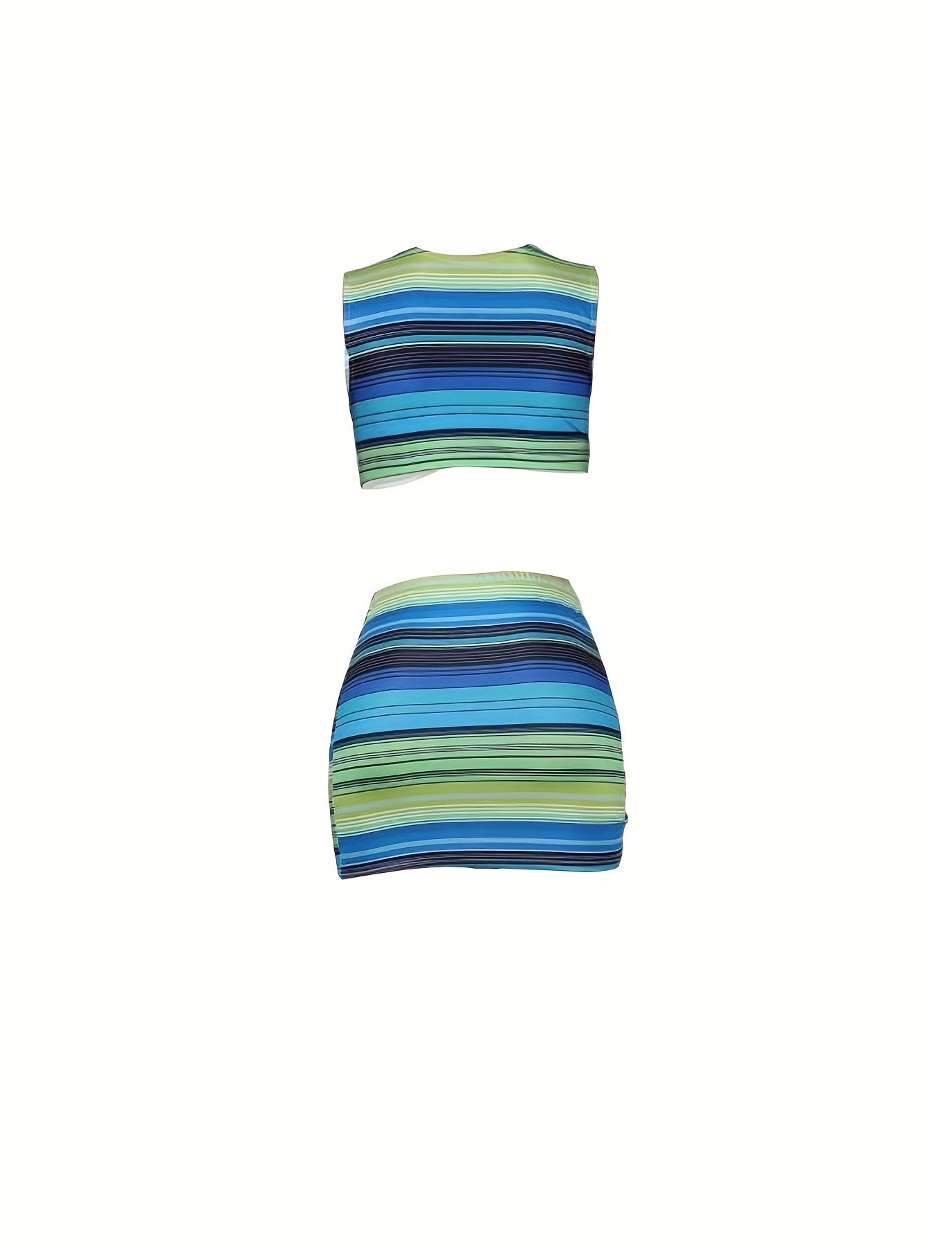 Stripe Seduction: Sleek Spring/Summer Women's Crop Top & Skirt Set with Ring Detail - Stretchy & Easy-Care