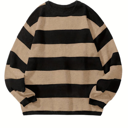 Retro Chic Knitted Sweater for Men - Soft, Warm, Slightly Stretchy Crew Neck Pullover with Preppy Striped Pattern for Fall and Winter - K-Pop Inspired, Casual, Comfortable, and Versatile