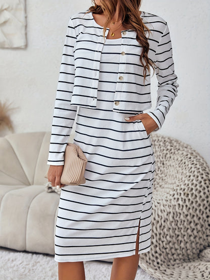 Striped Print Casual Two-piece Set, Button Front Long Sleeve Tops & Crew Neck Sleeveless Dress Outfits, Women's Clothing