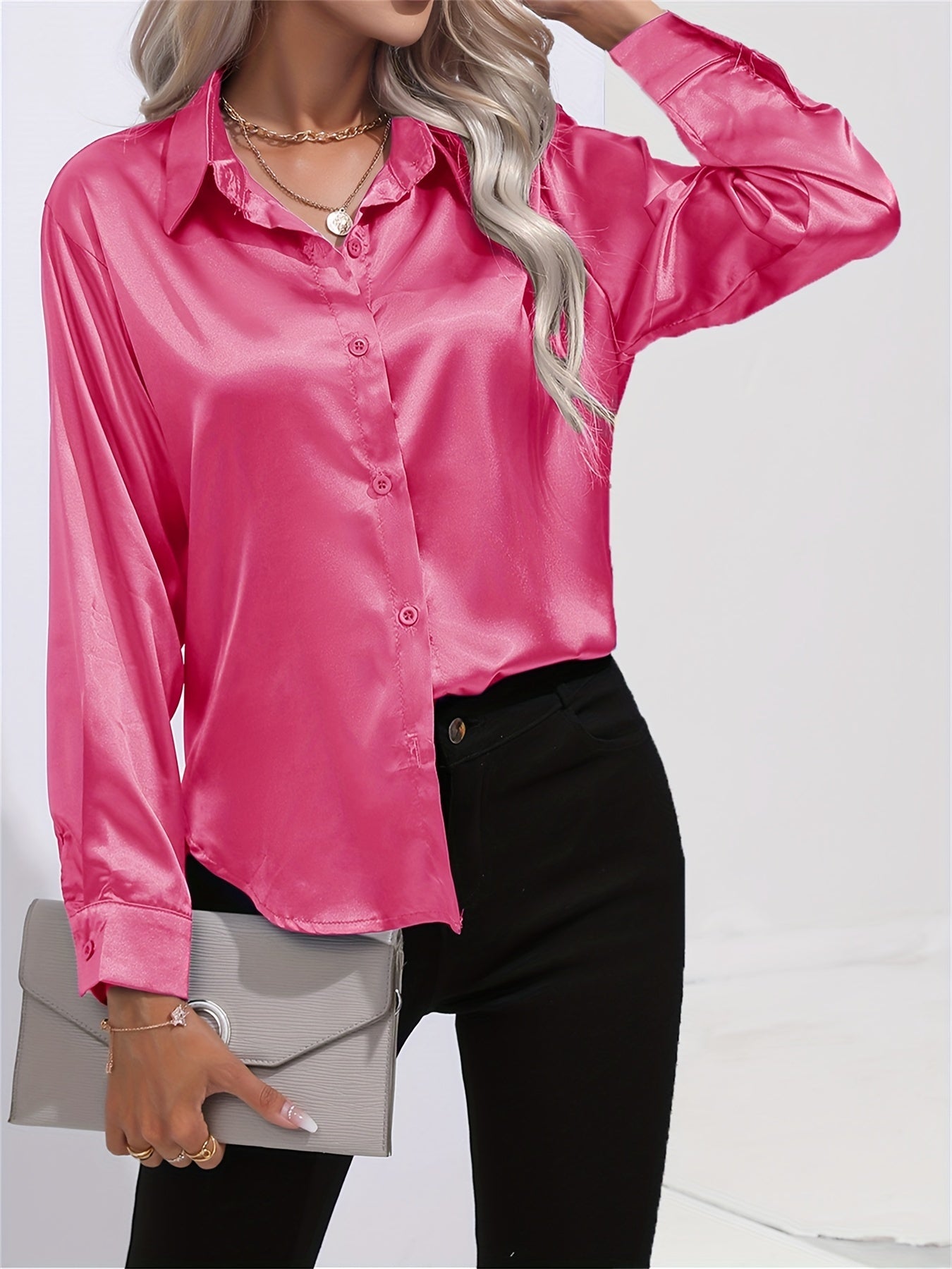 Effortlessly Chic Women's Casual Shirt: Long Sleeve, Solid Color, Lapel Collar, Dipped Hem, Micro-Elastic Fabric