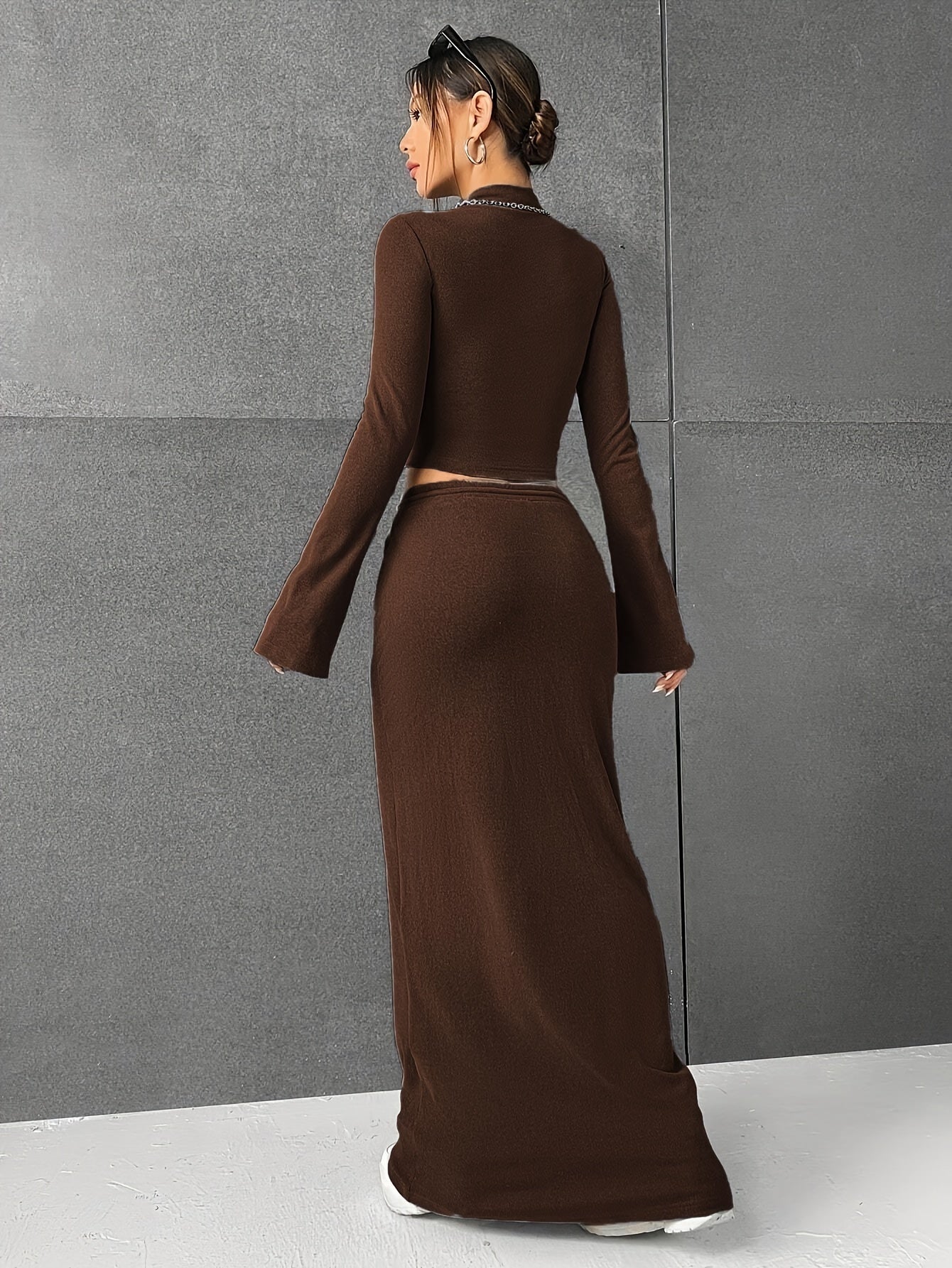 Two-Piece Elegant Skirt Set - Skirt Suits for Women with Long Sleeve Mock Neck Top and Drawstring Waist Maxi Skirt, Perfect for Spring and Fall, Chic and Comfortable Outfit for Ladies