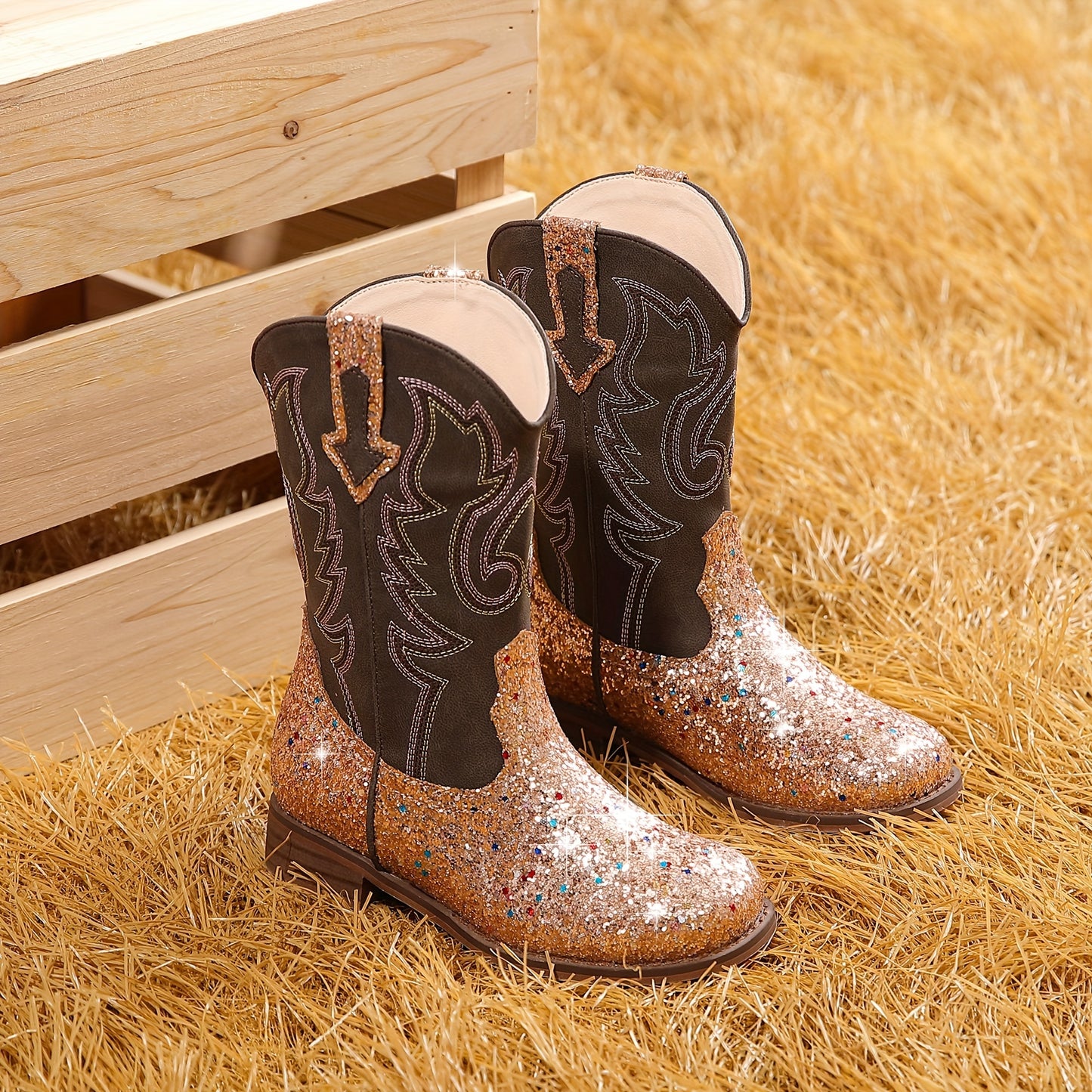 Girls Trendy Cool Cowgirl Boots, Cute Shiny Sequin Dress Boots For Party Holiday Performance