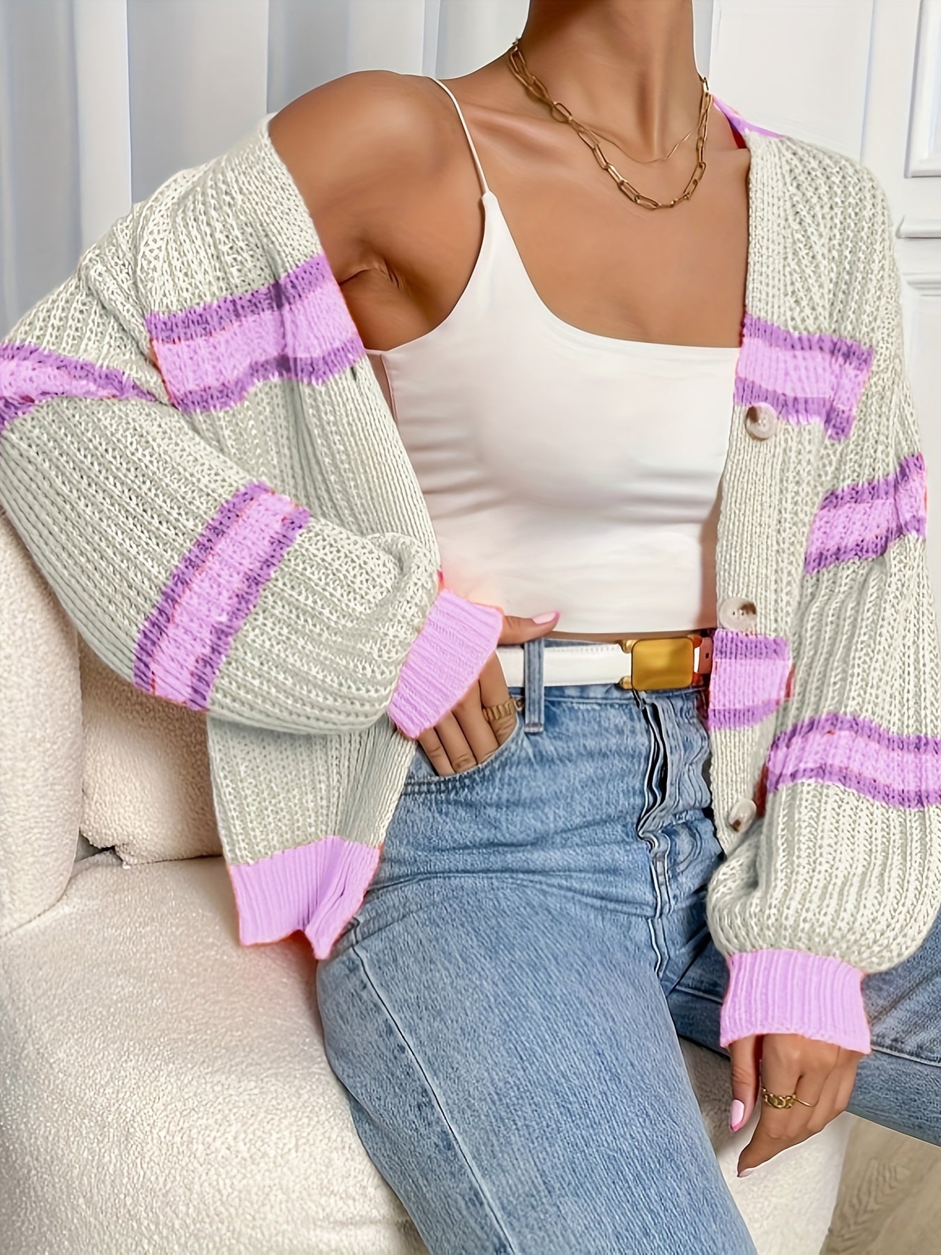 Stylish Color Block Button Down Knit Cardigan - Women's Casual Long Sleeve V Neck Sweater for Spring & Fall - Soft, Cozy, and Versatile Cardigans with Relaxed Fit