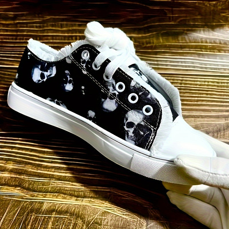 Spooky Chic Skull Print Canvas Shoes for Women - Lightweight, Breathable, Low-Top Sneakers with Casual Lace-Up Design, Perfect for Outdoor Activities and Halloween Parties - Comfortable, Versatile, and Easy to Slip On