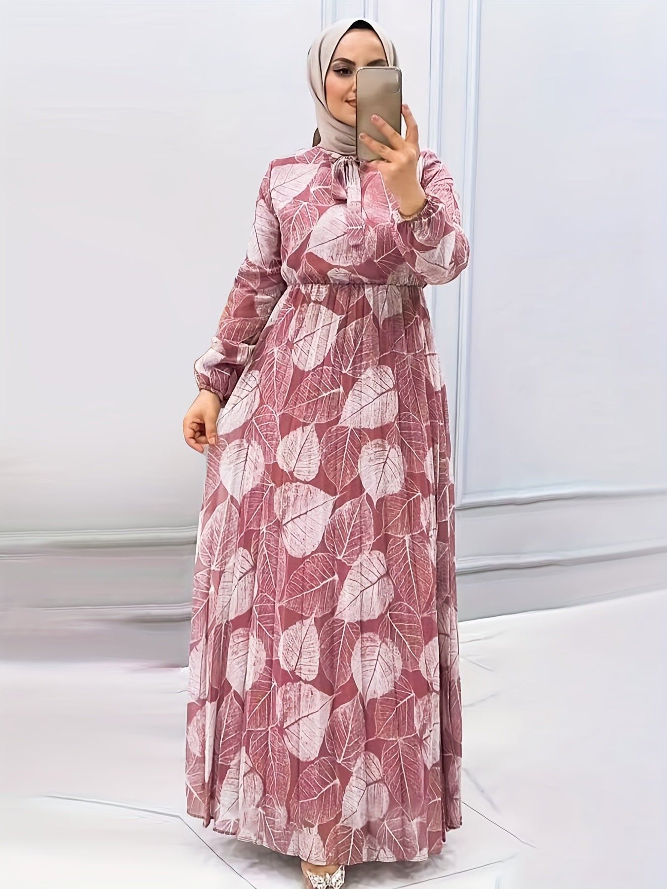 Stylish Plant Print Ramadan Modest Dress - Flowy & Comfortable Loose Fit Long Sleeve Abayas Style - Perfect Casual Wear for Women - Ramadan Collection