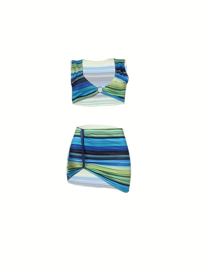 Stripe Seduction: Sleek Spring/Summer Women's Crop Top & Skirt Set with Ring Detail - Stretchy & Easy-Care