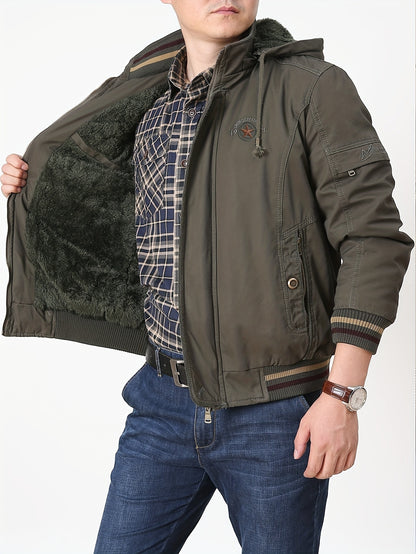 Men's Warm Fleece Cotton Hooded Jacket, Casual Warm Thick Coat For Fall Winter, Father's Gift